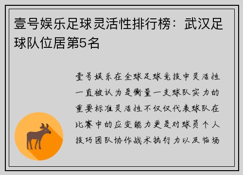 壹号娱乐足球灵活性排行榜：武汉足球队位居第5名