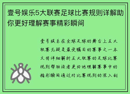 壹号娱乐5大联赛足球比赛规则详解助你更好理解赛事精彩瞬间