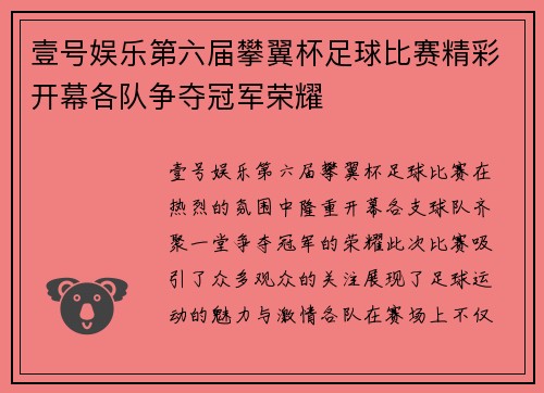 壹号娱乐第六届攀翼杯足球比赛精彩开幕各队争夺冠军荣耀