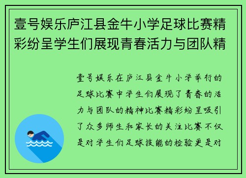 壹号娱乐庐江县金牛小学足球比赛精彩纷呈学生们展现青春活力与团队精神