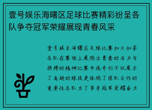 壹号娱乐海曙区足球比赛精彩纷呈各队争夺冠军荣耀展现青春风采